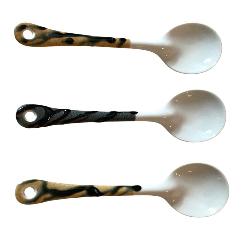 Handcrafted Ceramic Soup Spoons with Abstract Design Handles Set of 3